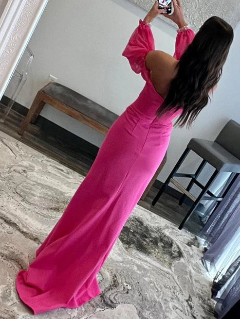 Luolandi Sheath/Column Chiffon Ruched Off-the-Shoulder Long Sleeves Sweep/Brush Train Dress Sexy Evening Dress